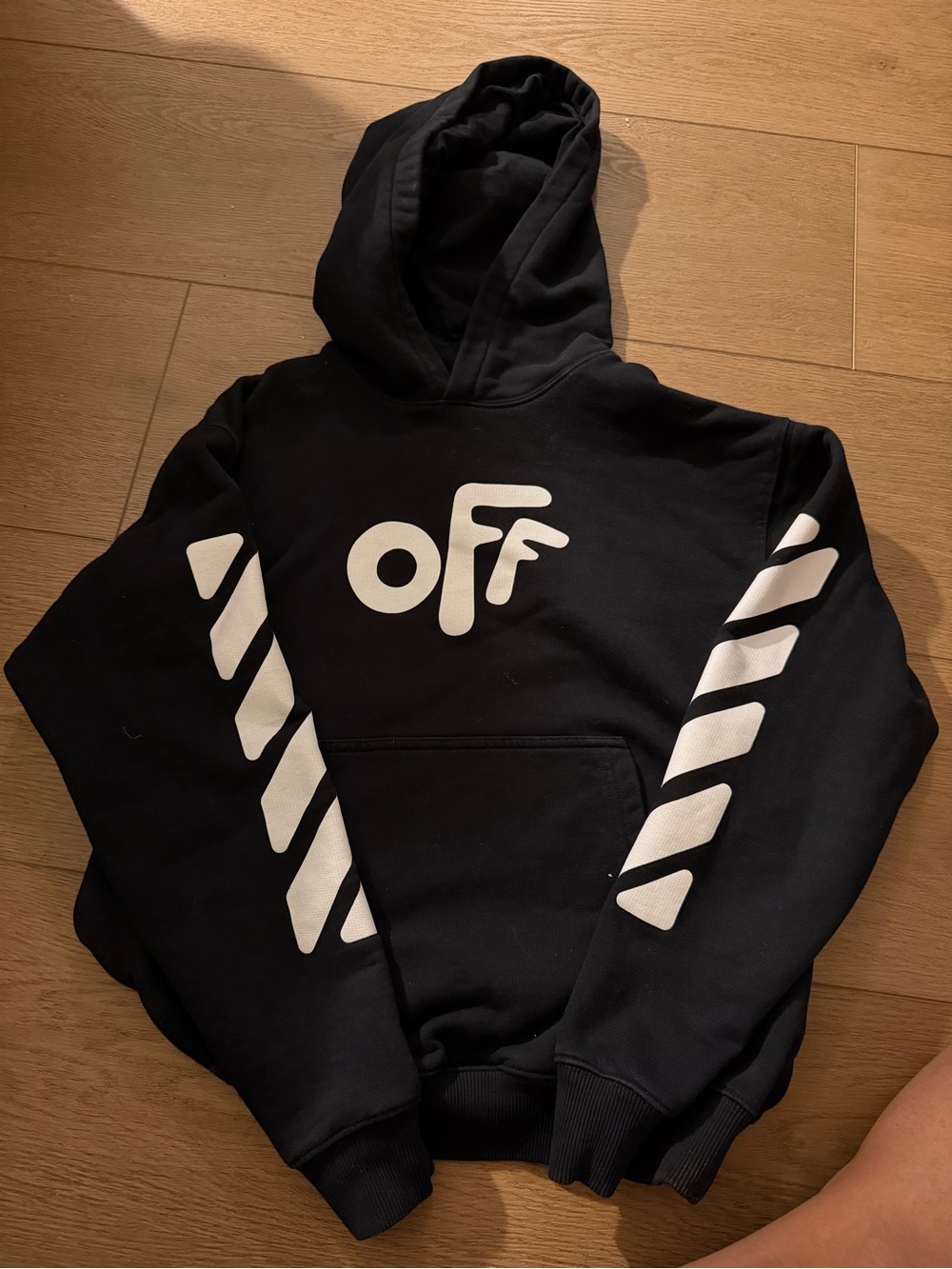 Off-White Black Hoodie with White Diagonal Sleeve Accents
